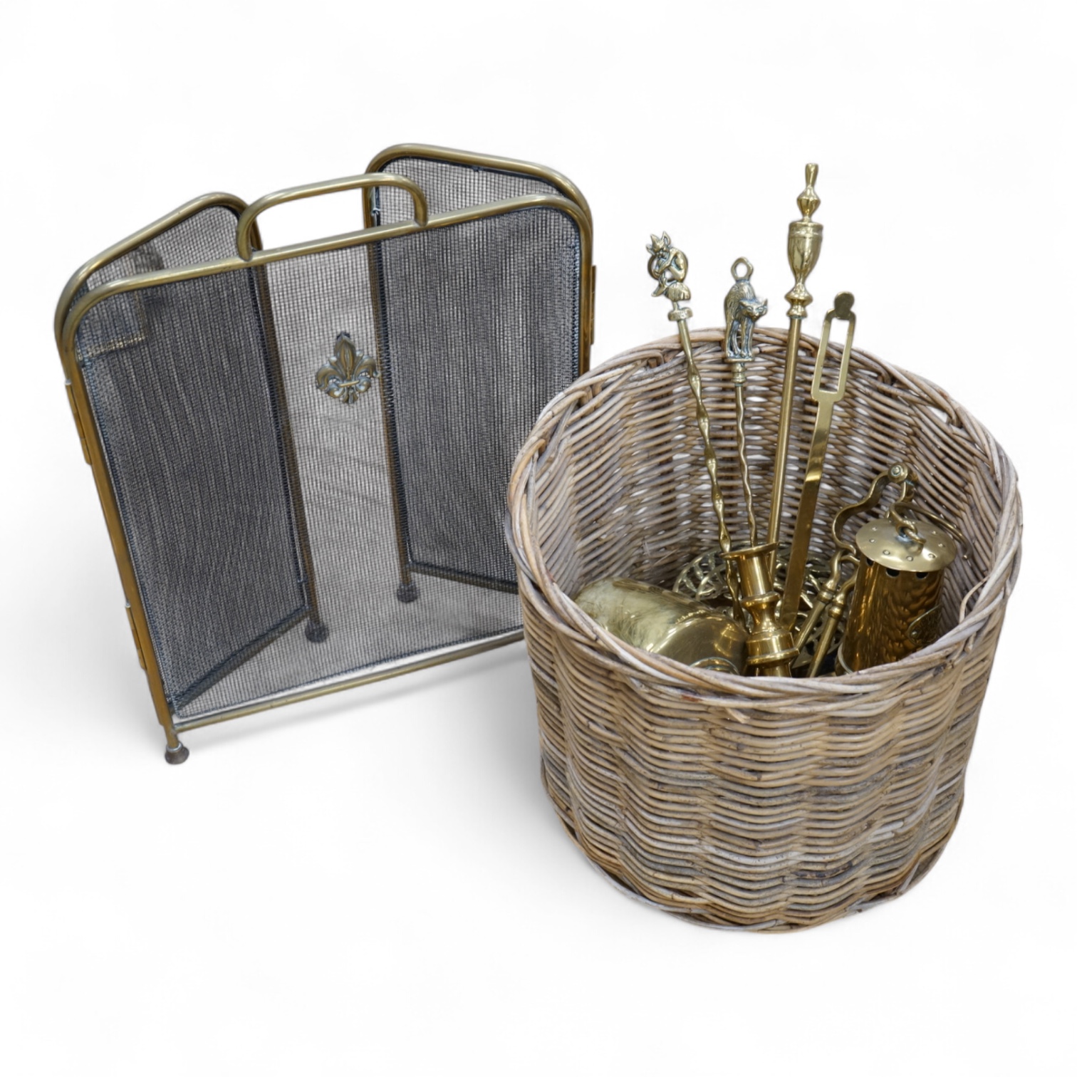 A fire brass guard, pair of candlesticks, kettle, miner's lamp etc, fire guard 54cm high.
